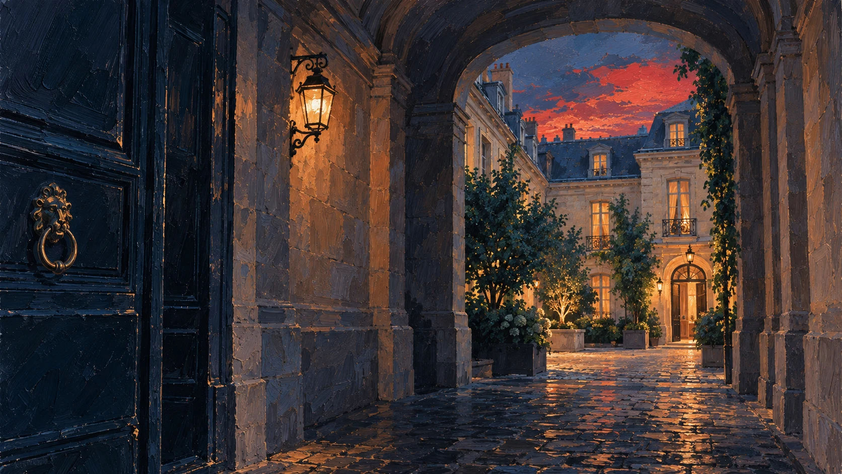 Painted Parisian threshold opening toward a clear route