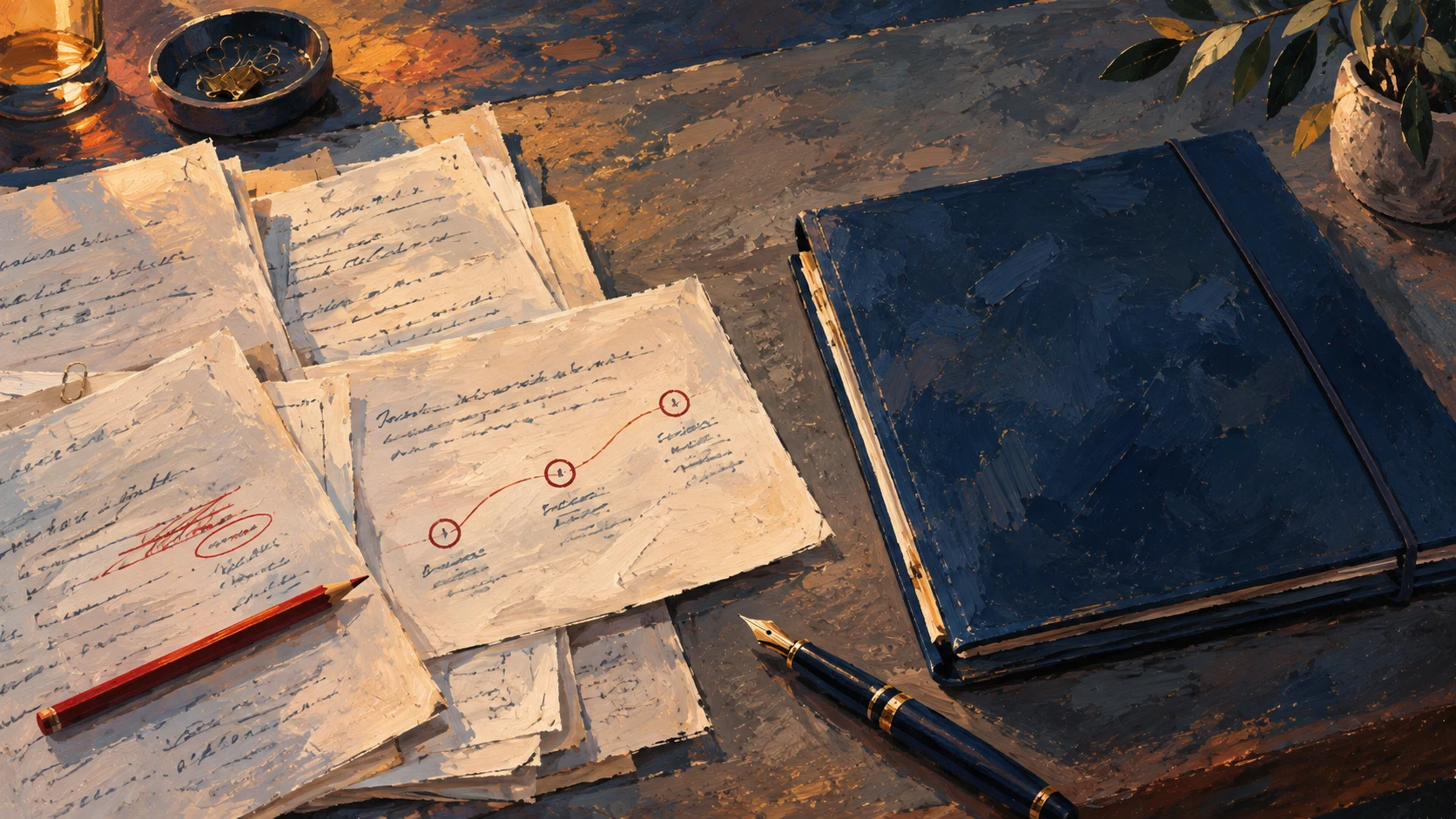 Painted legal papers organised around a precise decision line