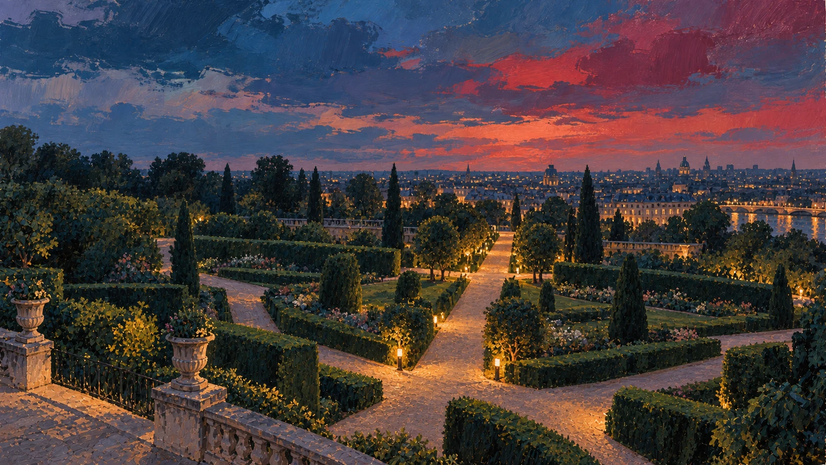 Painted French garden whose paths resolve into one route