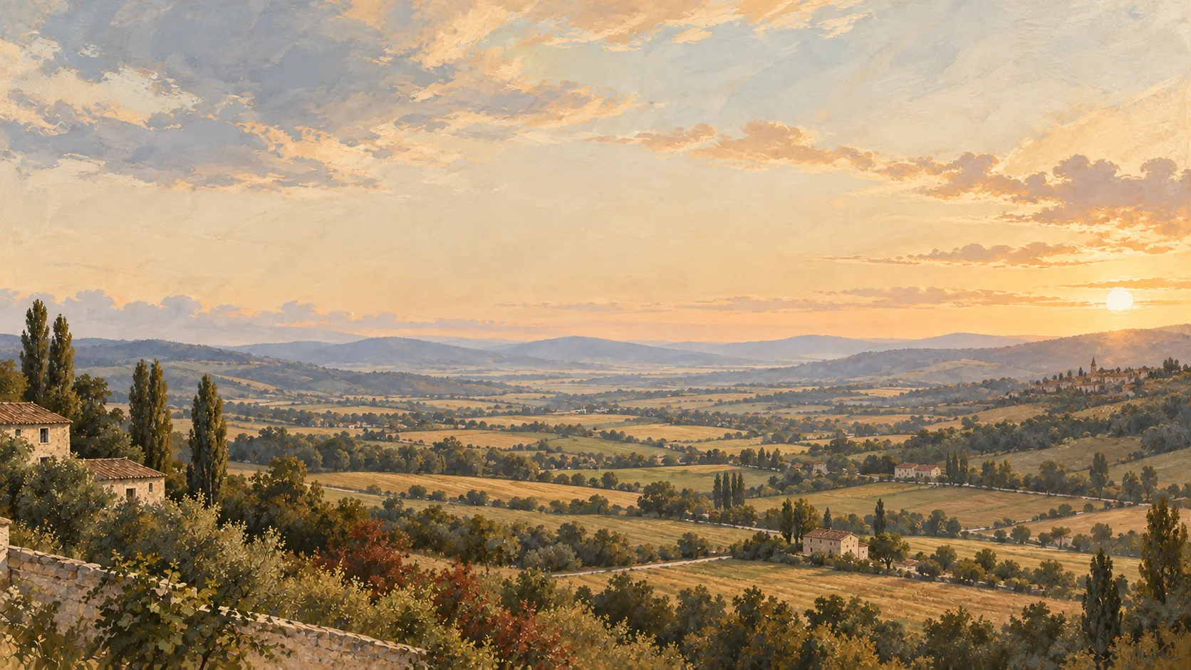 Painted valley in the south of France at sunset: stone farmhouses, cypresses and fields seen from a terrace, a village on the far hill.